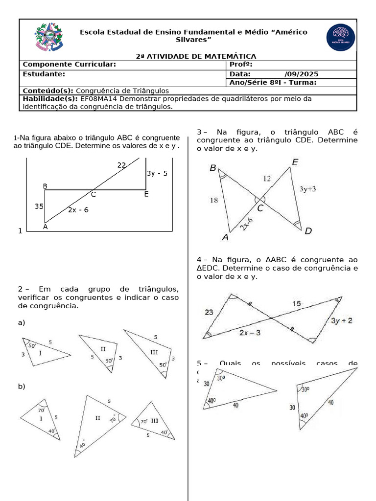 Congruência de Triângulos: Exercícios e Soluções | PDF