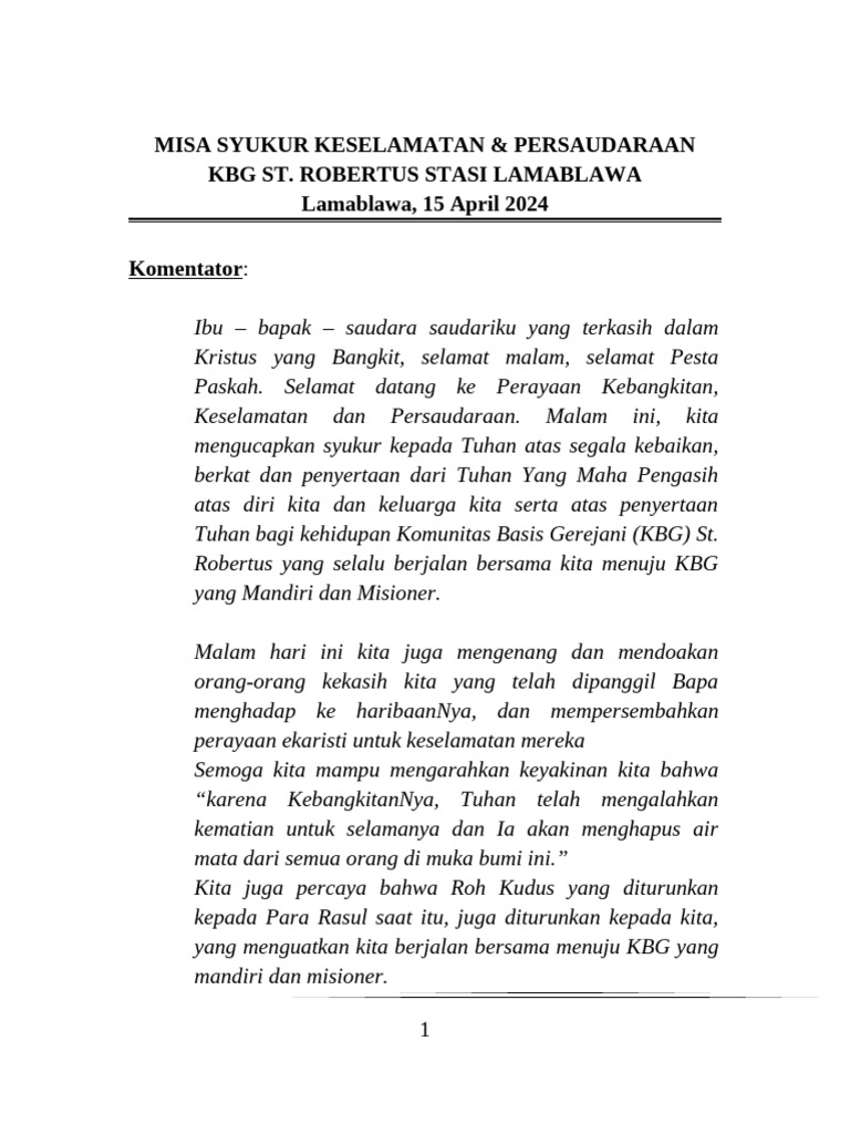 Misa Syukur Paskah KBG St. Robertus | PDF
