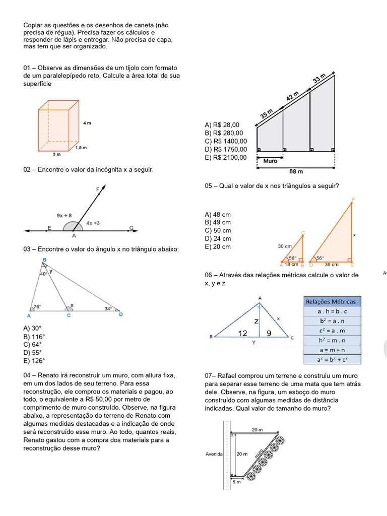 Questões de Matemática e Geometria | PDF | Triângulo | Geometria Elementar