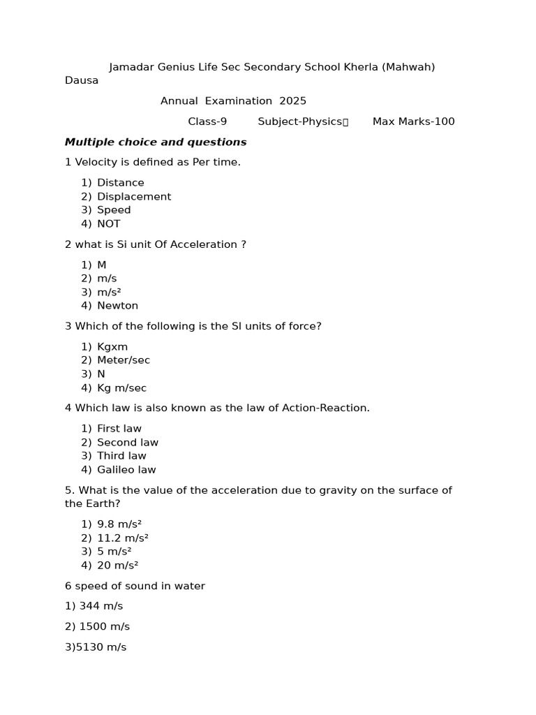 Class 9 Physics Exam Paper 2025 | PDF | Force | Newton's Laws Of Motion