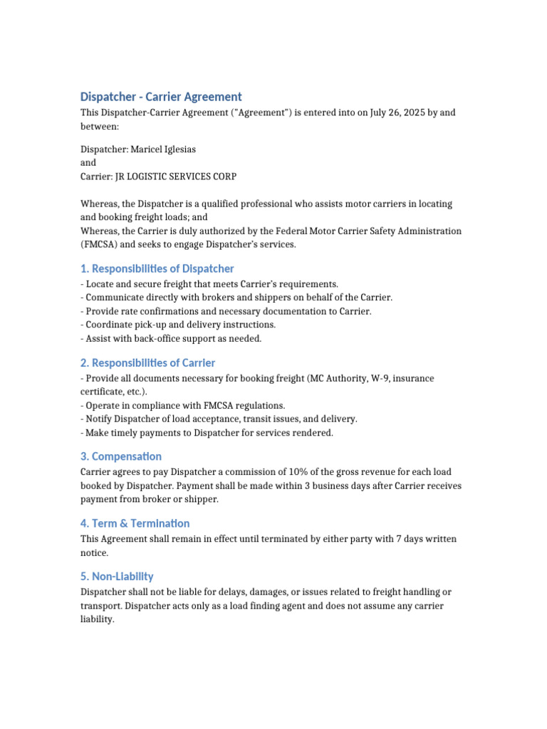 Dispatcher-Carrier Agreement 2025 | PDF