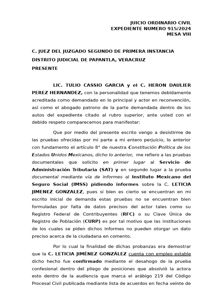 Desistimiento de Pruebas en Juicio Civil | PDF | Justicia | Crimen y ...