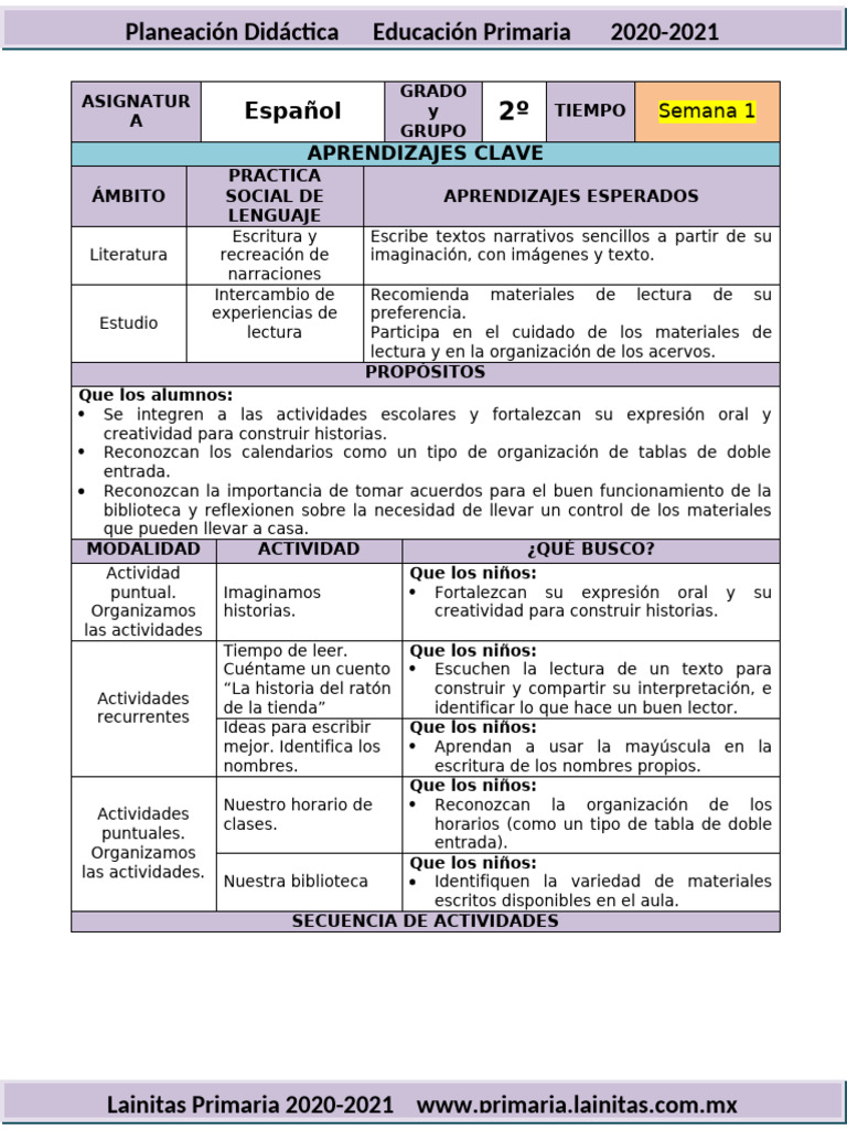 Planeación Didáctica 2º Grado Primaria | PDF | Educación primaria ...