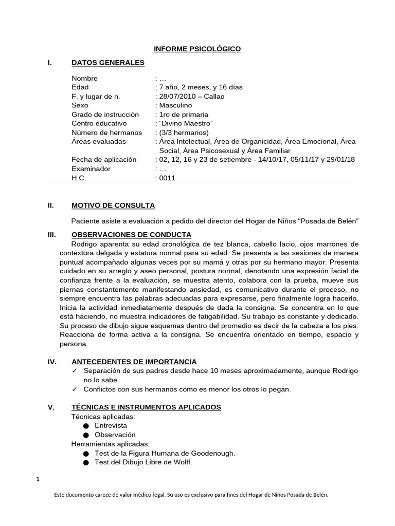 Informe Psicológico Infantil: Evaluación de Rodrigo | PDF | Las ...