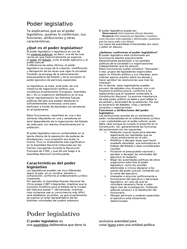 Funciones y Estructura del Poder Legislativo | PDF | Legislatura | Gobierno