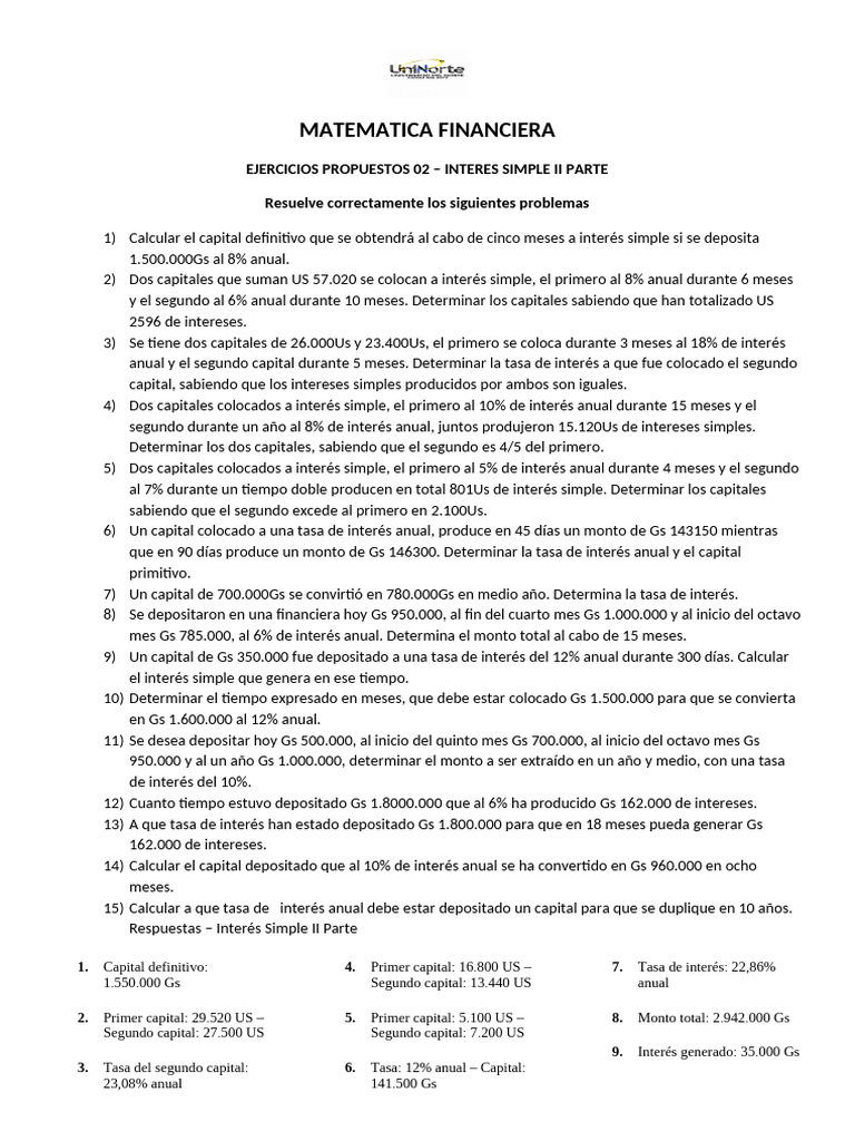 02 Ejercicios. Prop. Financ. Int. Simple II | PDF | Interés | Dinero
