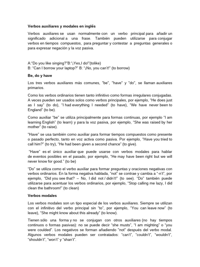 Verbos Auxiliares y Modales en Inglés | PDF | Verbo | Semántica