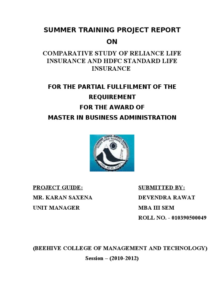 Summer Training Project Report ON Comparative Study of Reliance Life ...