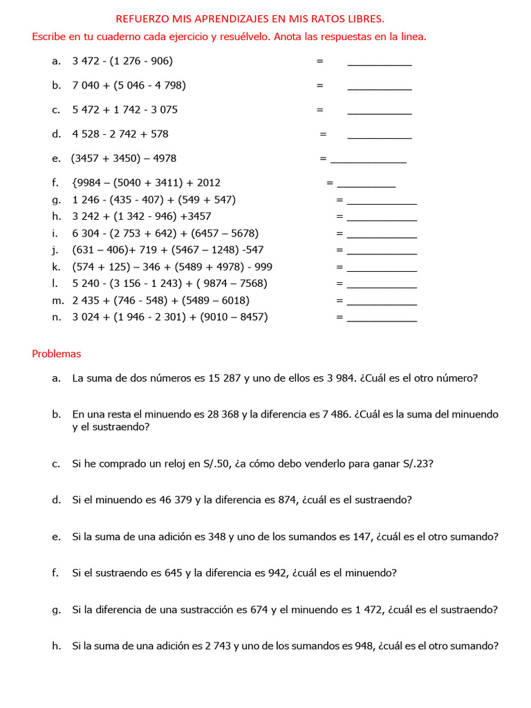 Ejercicios de Matemáticas y Problemas Resueltos | PDF | Sustracción ...