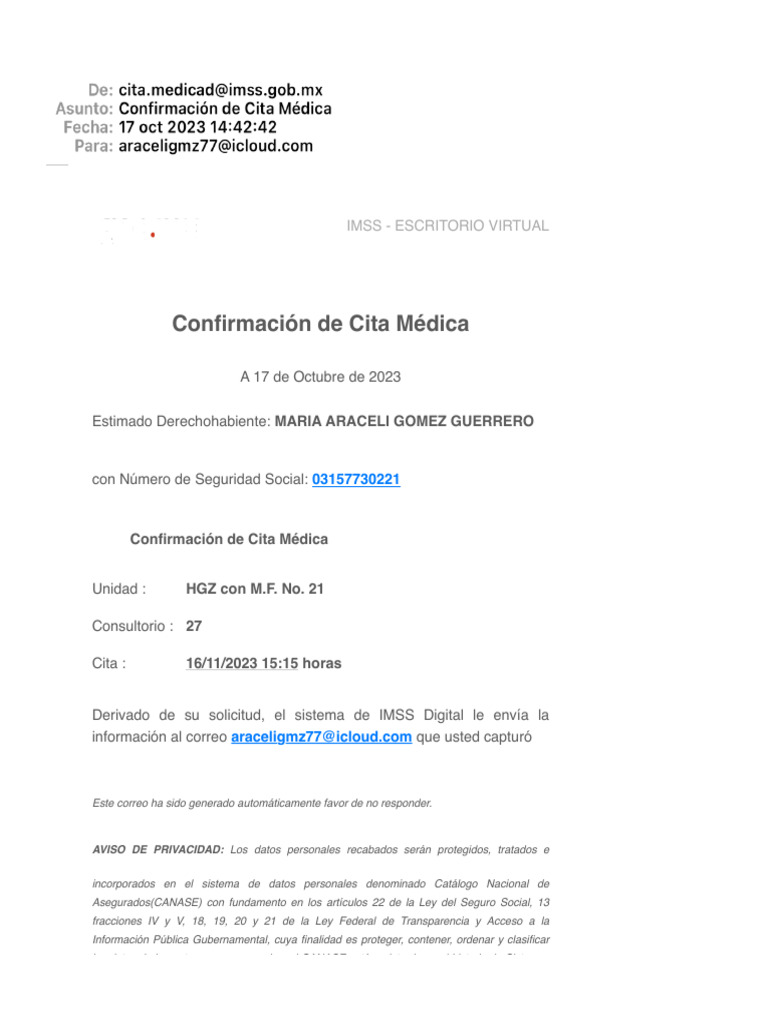 Confirmación de Cita Médica | PDF | Privacidad