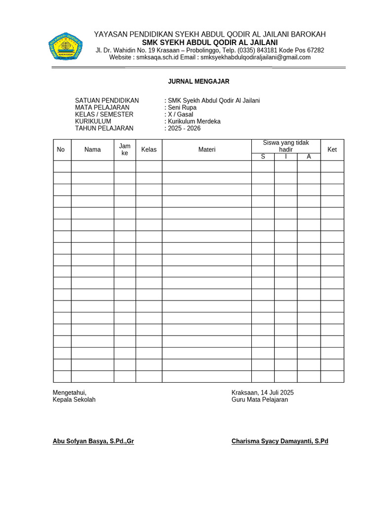 Jurnal Mengajar Seni Rupa SMK 2025 | PDF