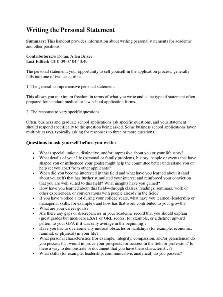Writing The Personal Statement  PDF  Graduate Record