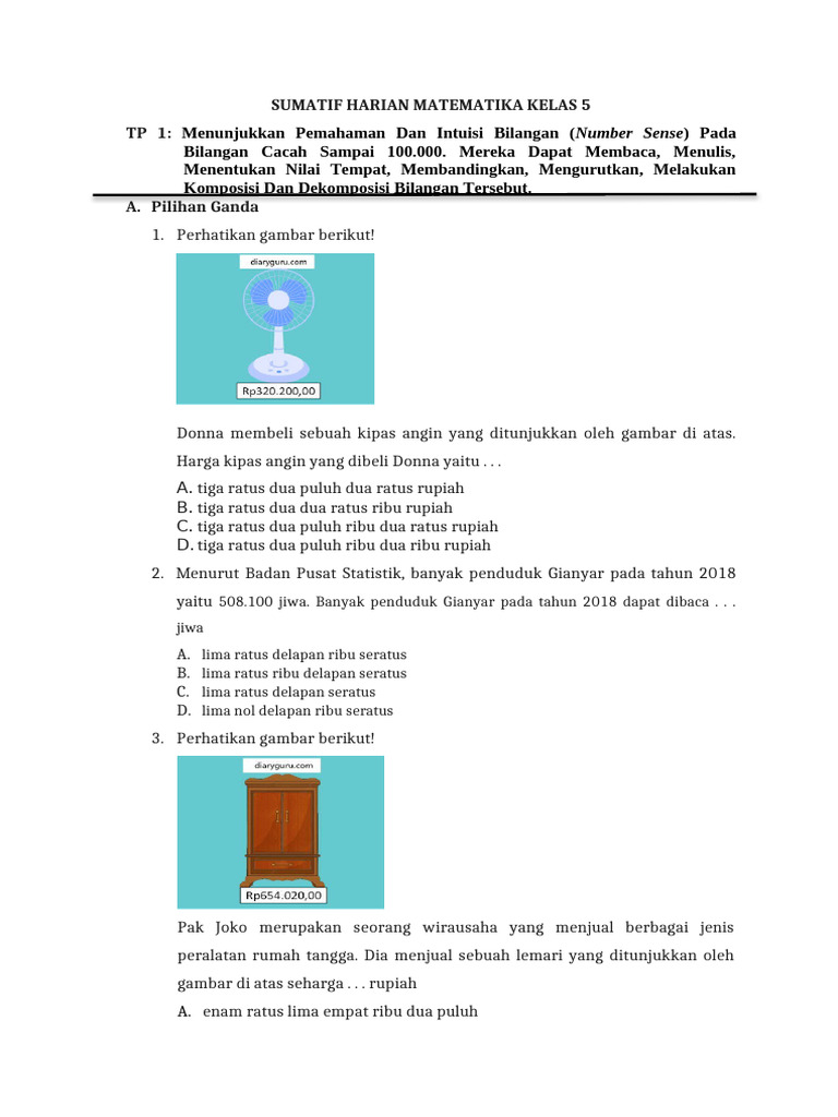 Soal Matematika Kelas 5 Bilangan Cacah Sampai 1.000.000 (Kurikulum ...