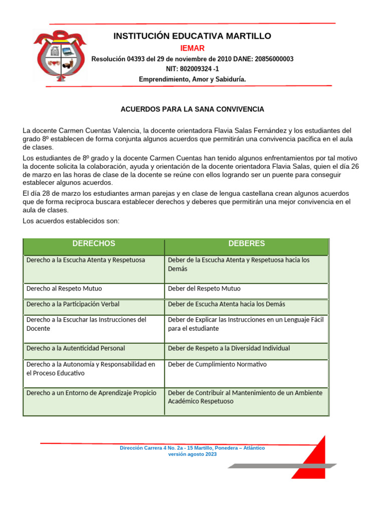 Acuerdos de Sana Convivencia en El Aula de Clases Del Grado 8º | PDF ...