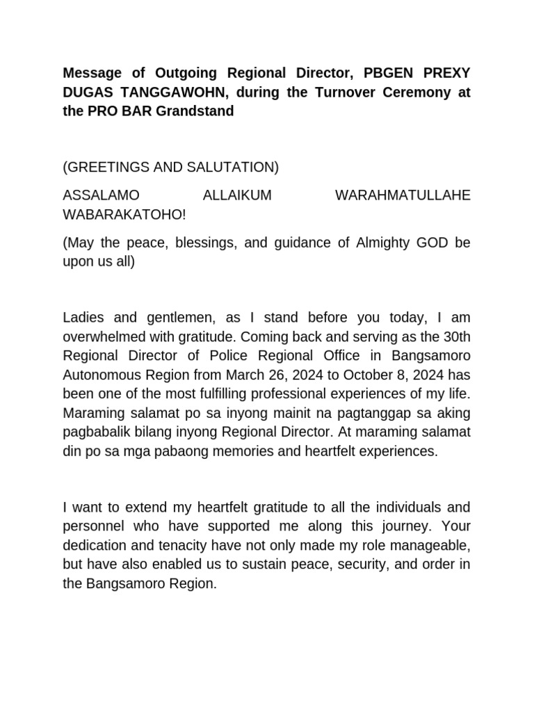Message of Outgoing Regional Director, PBGEN PREXY DUGAS TANGGAWOHN ...