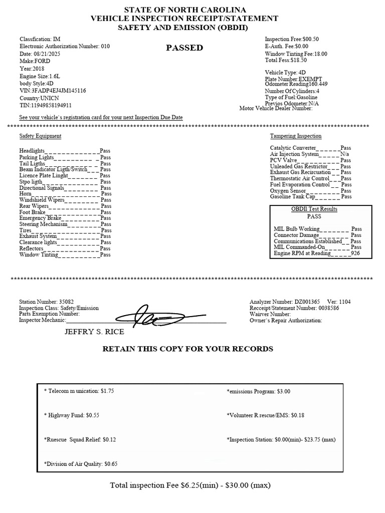 Inspecction Noth Carolina 3fadp4ej4jm145116 | PDF | Automotive Industry ...