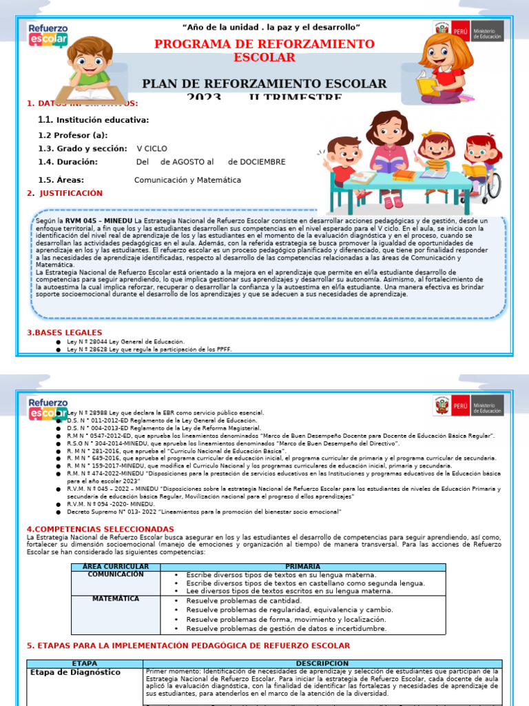 Plan de Refuerzo Escolar 2023 V Ciclo | PDF | Aprendizaje | Evaluación