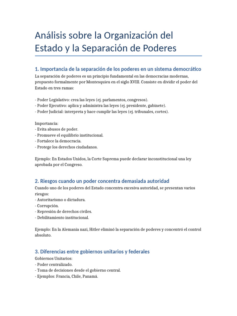 Separación de Poderes en Democracias | PDF | Separación de poderes ...