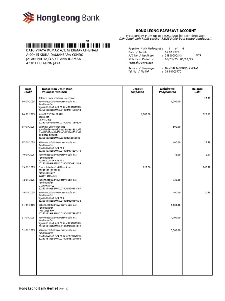 Hong Leong Pay&Save Account Statement | PDF | Private Sector | Personal ...