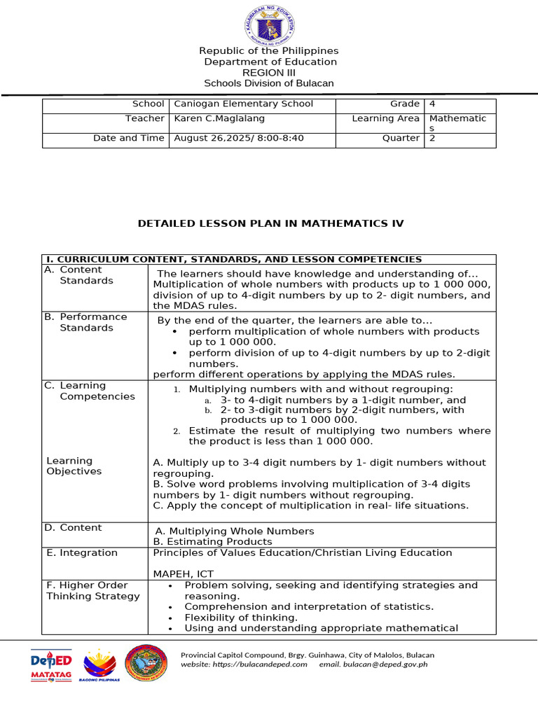 Grade 4 Math Lesson Plan: Multiplication | PDF | Learning | Educational ...