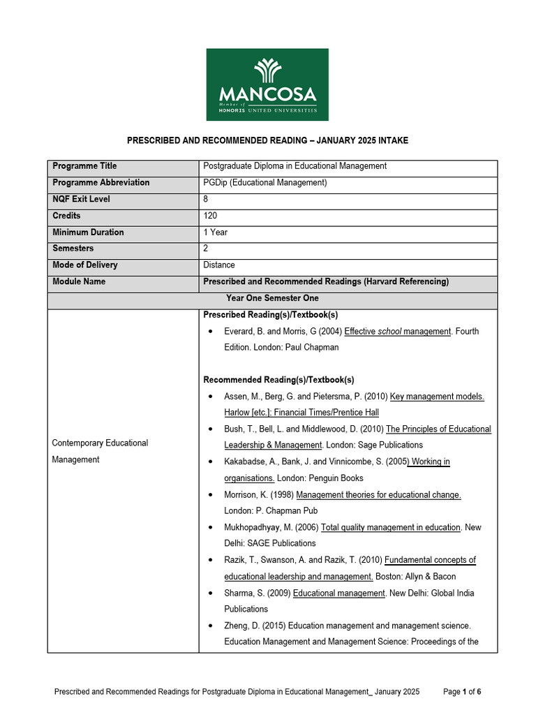 Reading List for PGDip Educational Management | PDF