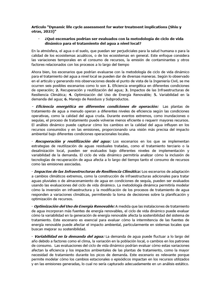 Evaluación dinámica del ciclo de vida en tratamiento de agua | PDF ...