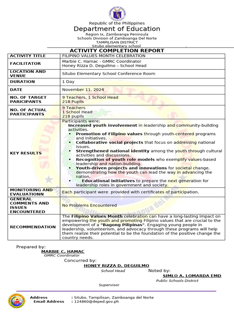 Filipino Values Month Celebration Report | PDF | Emergency Management ...