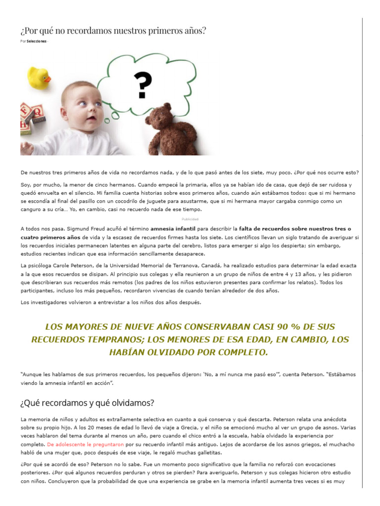 Amnesia infantil y su impacto emocional | PDF | Cerebro | Hipocampo