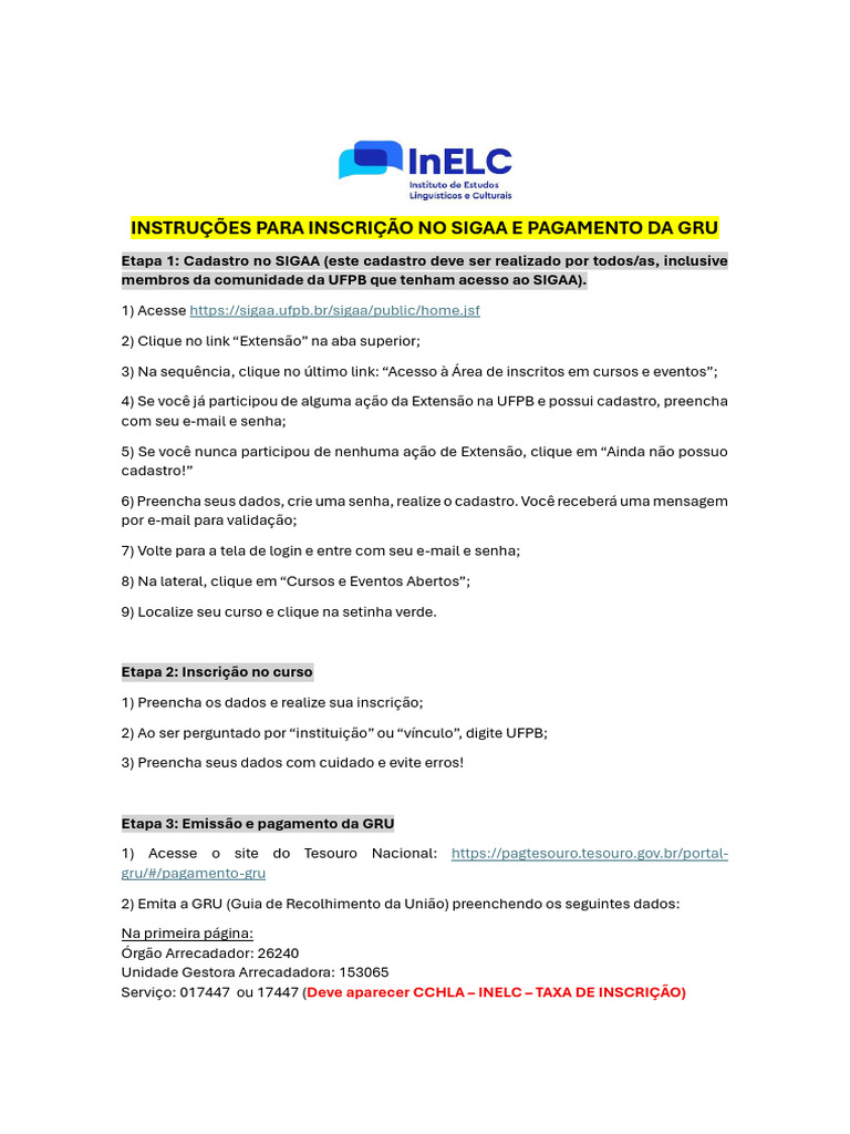 Inscrição e Pagamento no SIGAA UFPB | PDF