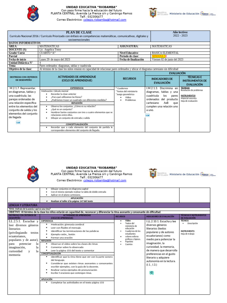 Plan de Clase: Matemáticas y Más | PDF | Plan de estudios | Evaluación