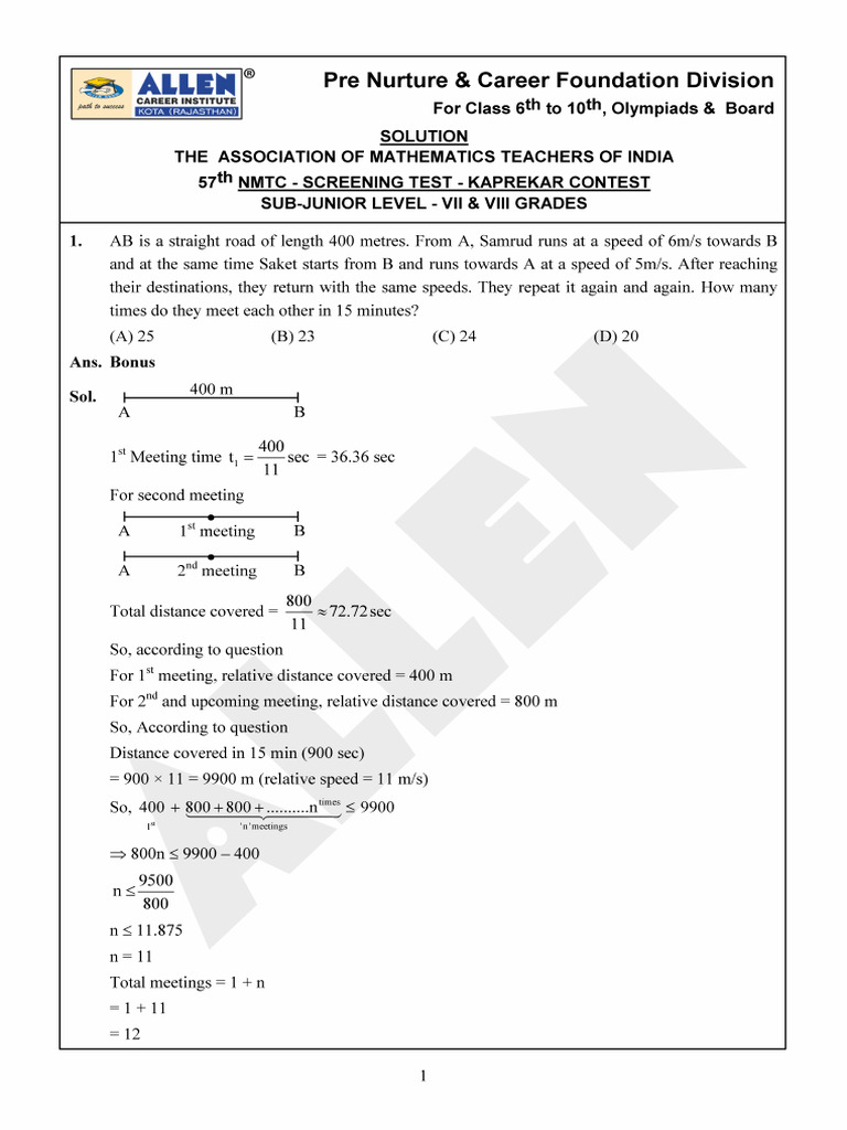 NMTC Sub Junior Group 7 8 Paper Solution | PDF