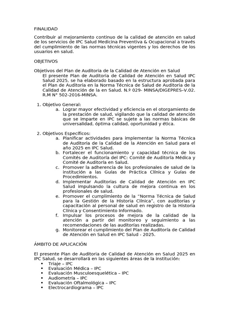Plan de Auditoría de Calidad en Salud 2025 | PDF | Auditoría | Cuidado ...