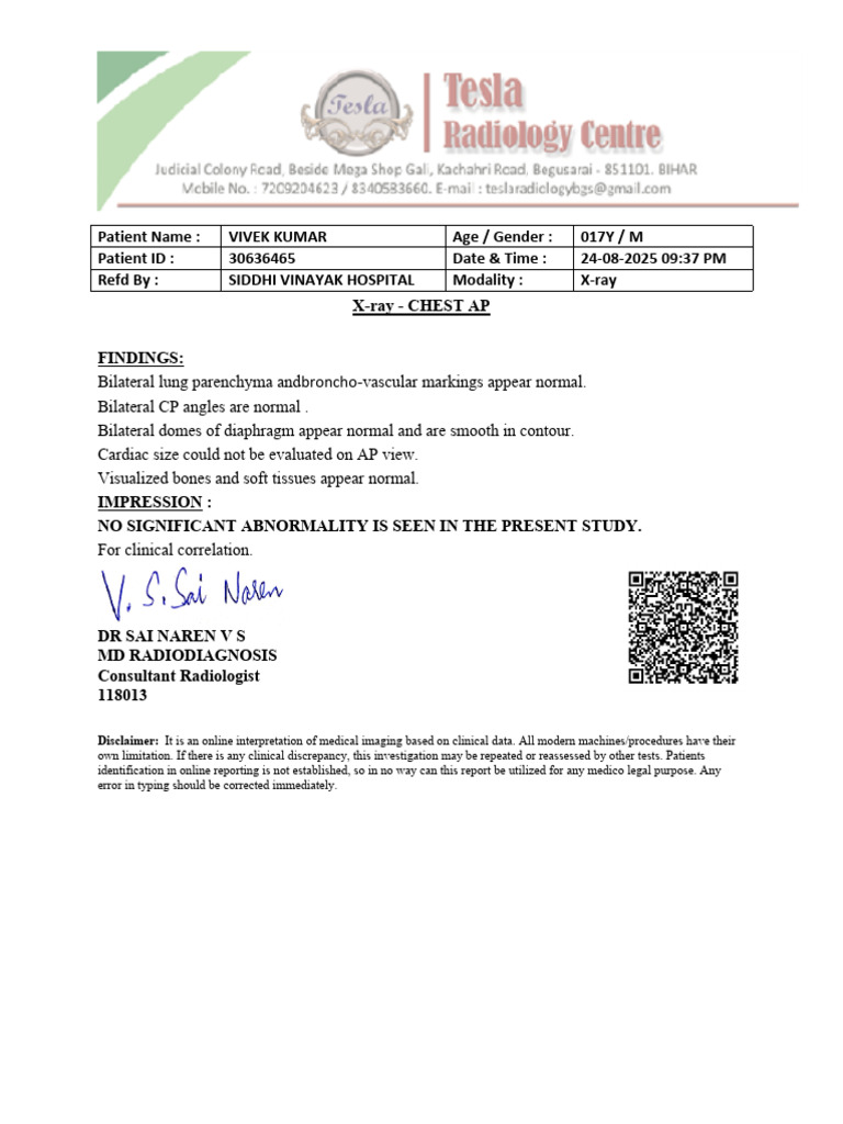 X-ray Report: Normal Chest Findings | PDF