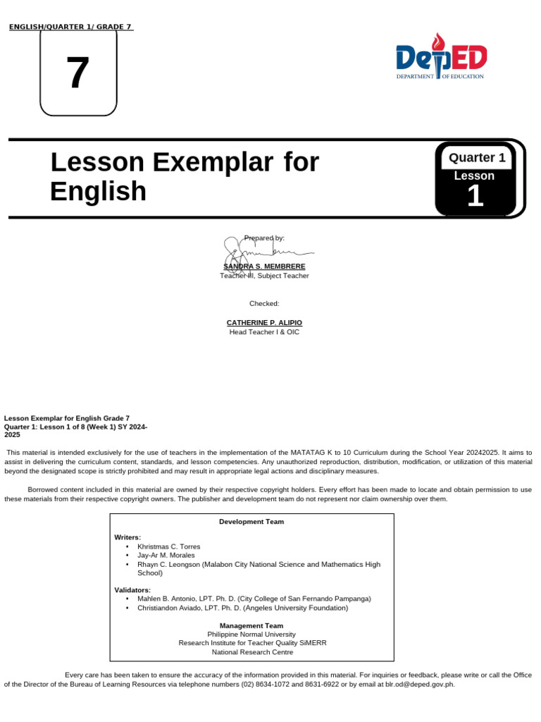Grade 7 English Quarter 1 Lessons | PDF | Human Communication