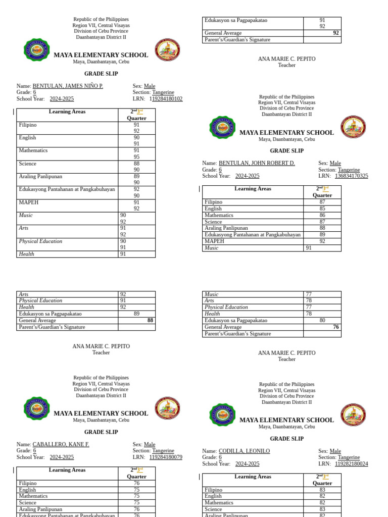 Grade 6 Report Cards - Maya School | PDF | Philippines | Cebu