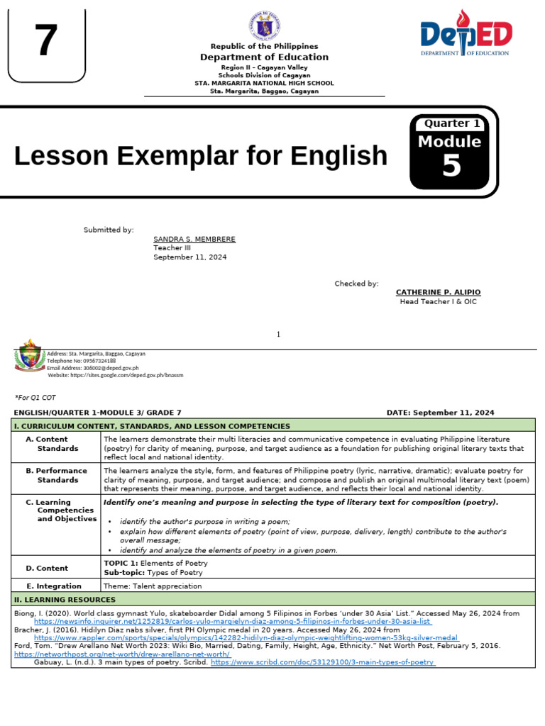 English Lesson Plan: Elements of Poetry | PDF | Lesson Plan | Cognitive ...
