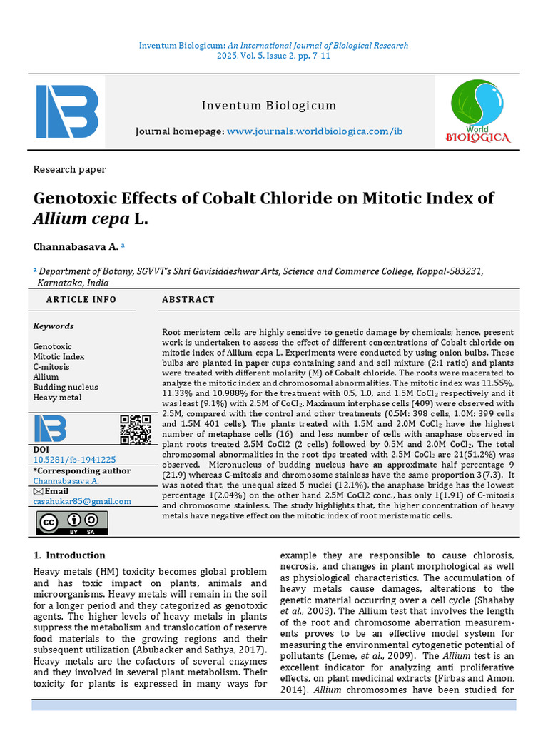 Genotoxic Effects of Cobalt Chloride on Allium | PDF | Mitosis ...