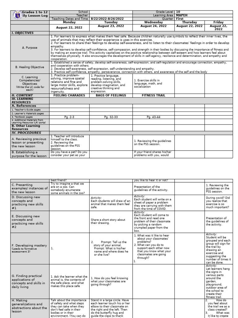 MAPEH Lesson Plan for Grades 10 | PDF | Learning | Empathy