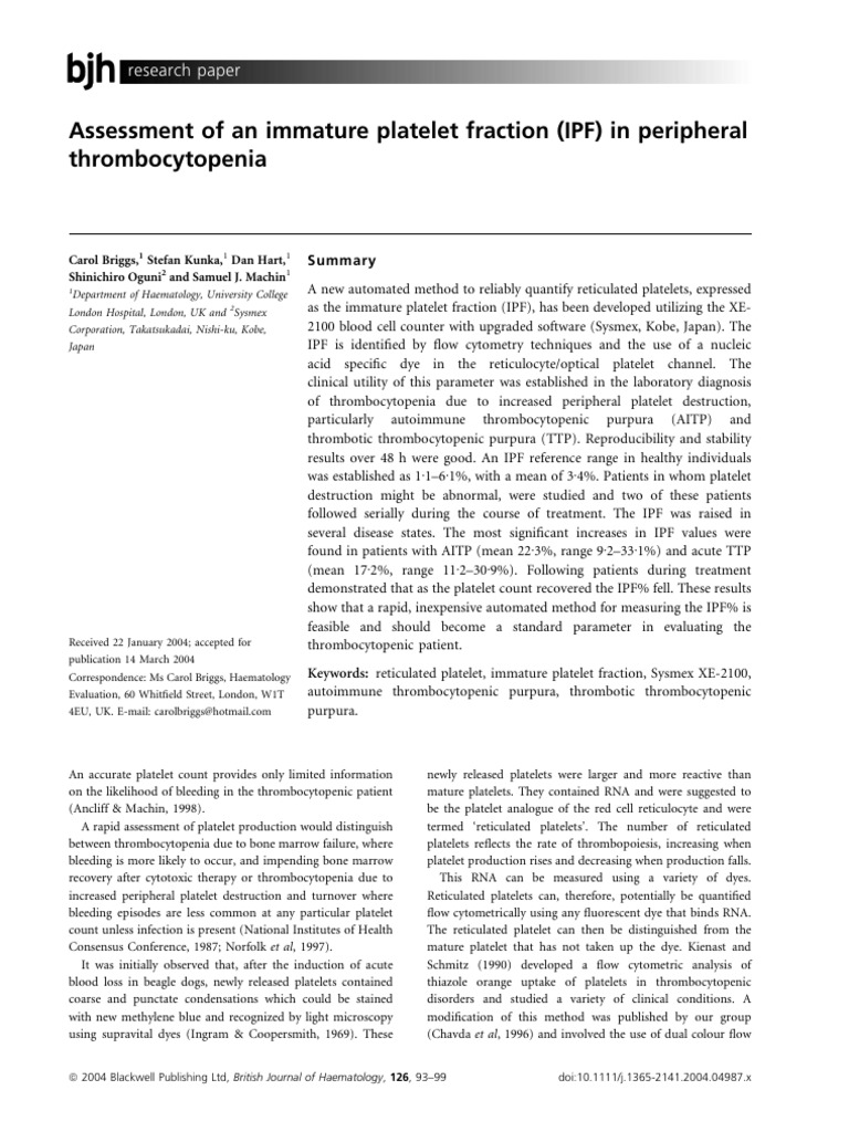 Immature Platelet Fraction in Thrombocytopenia | PDF | Tissue (Biology ...