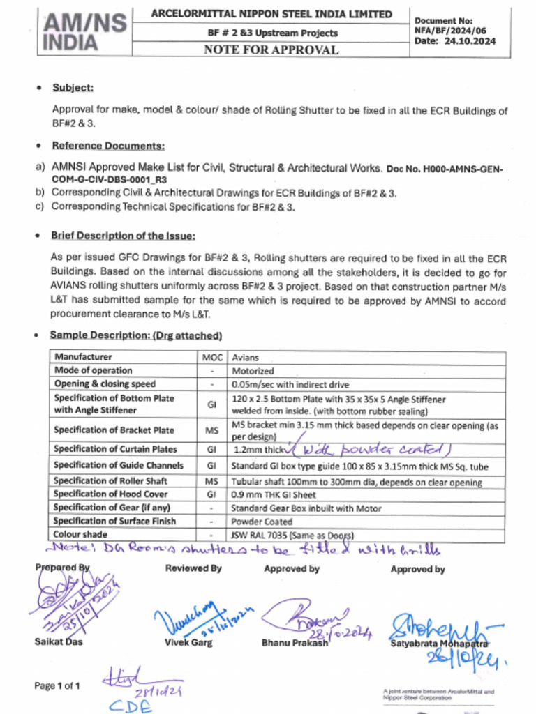Approval Note of Rolling Shutters - BF 2 & 3 | PDF