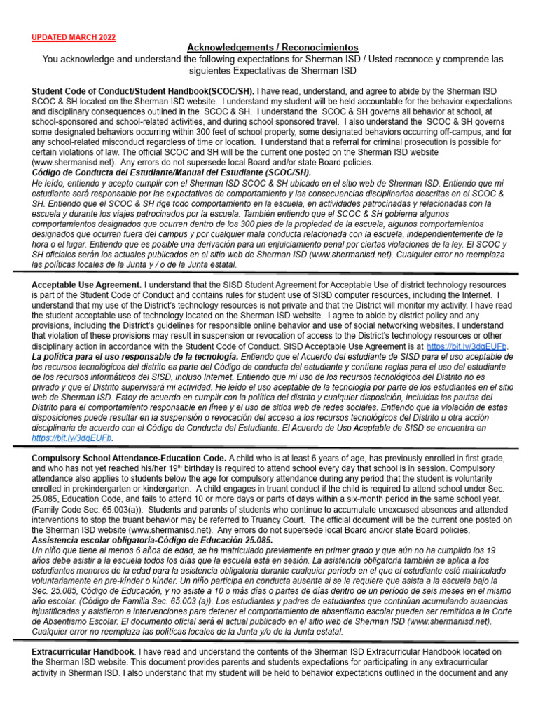 Acknowledgement of Student Expectations 2022 2023 | PDF