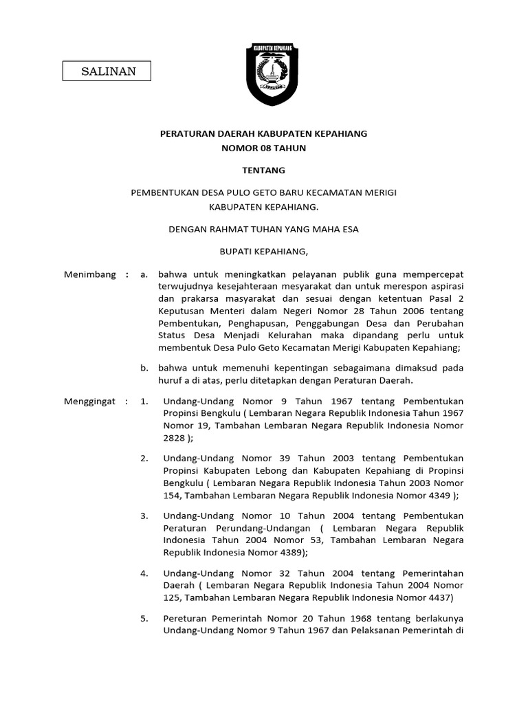 Pembentukan Desa Pulo Geto Baru Kepahiang | PDF