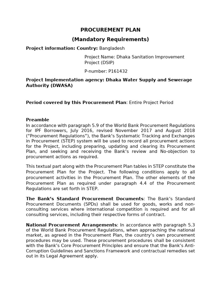 Dhaka Sanitation Project Procurement Plan | PDF | Audit | Procurement