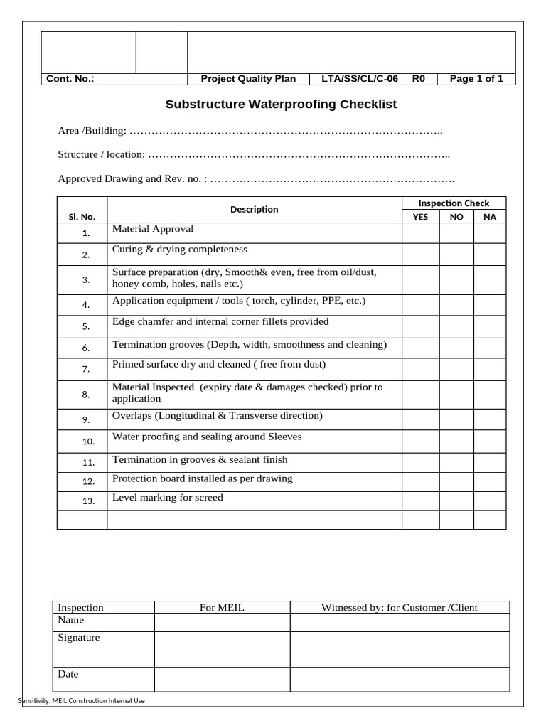 Substructure Waterproofing Checklist | PDF