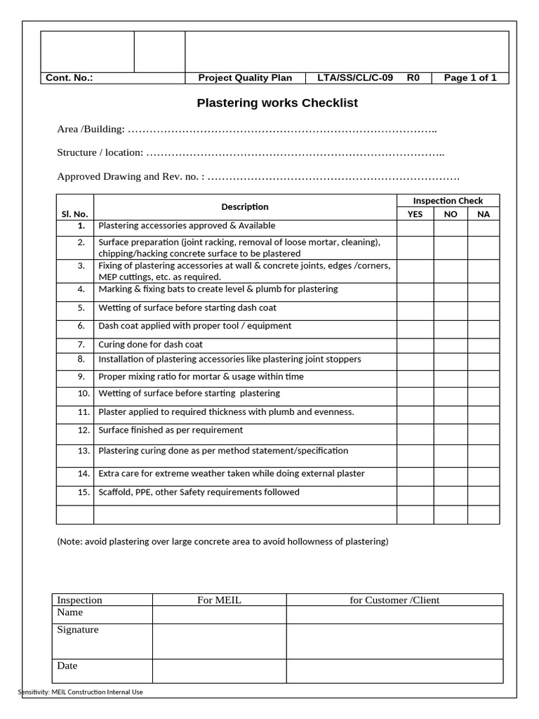C 09 - Plastering Works Checklist | PDF