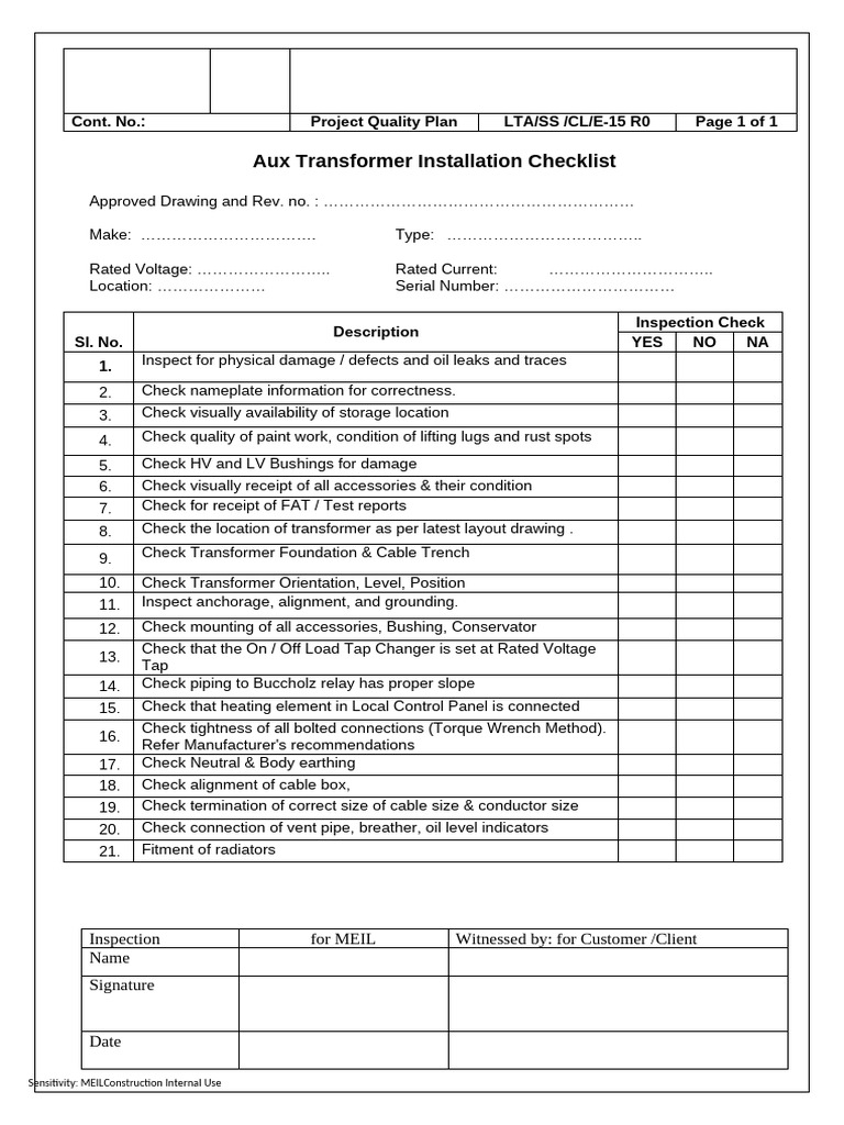 Aux Transformer Installation Checklist | PDF | Transformer | Electricity