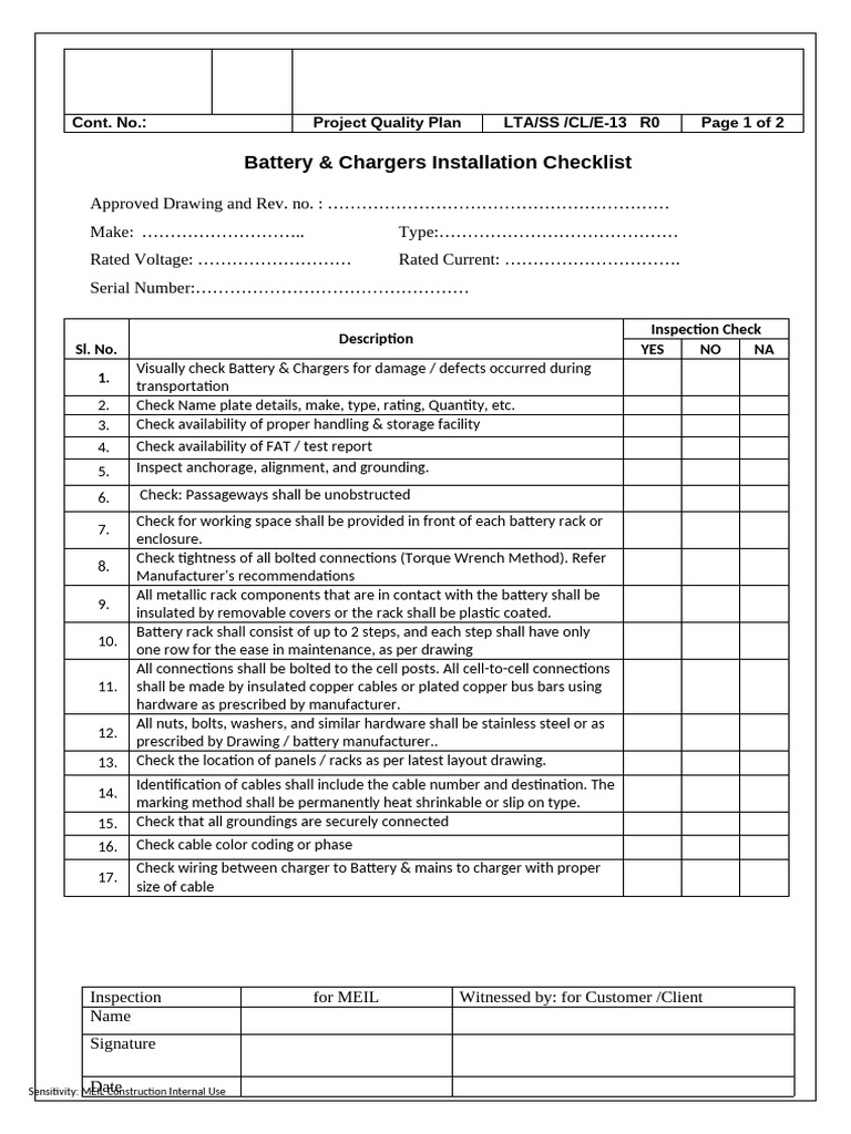 Battery & Chargers Installation Checklist | PDF | Manufactured Goods ...