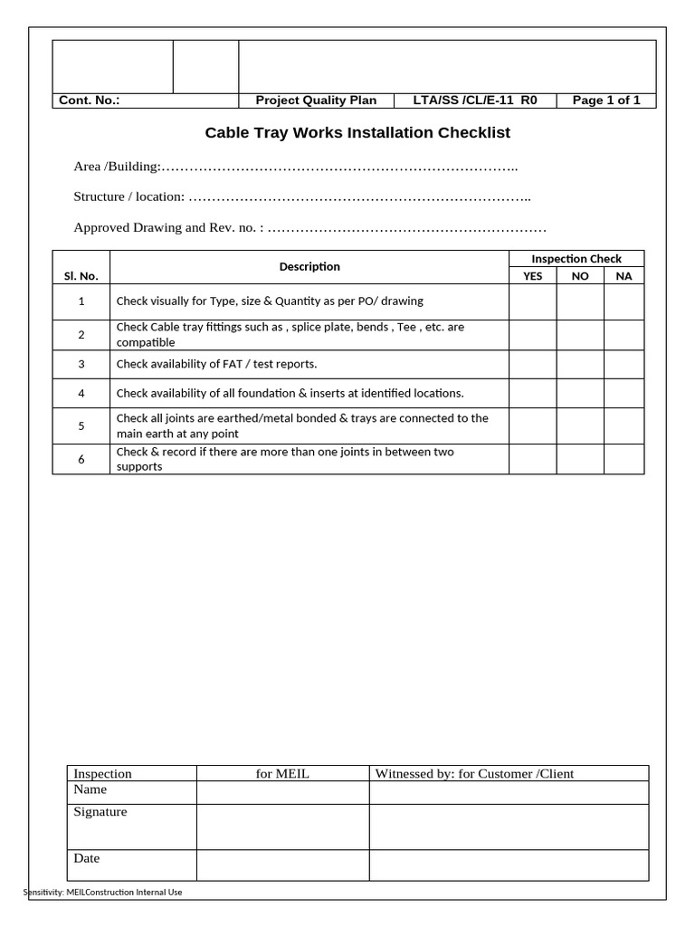 Cable Tray Inspection Checklist | PDF