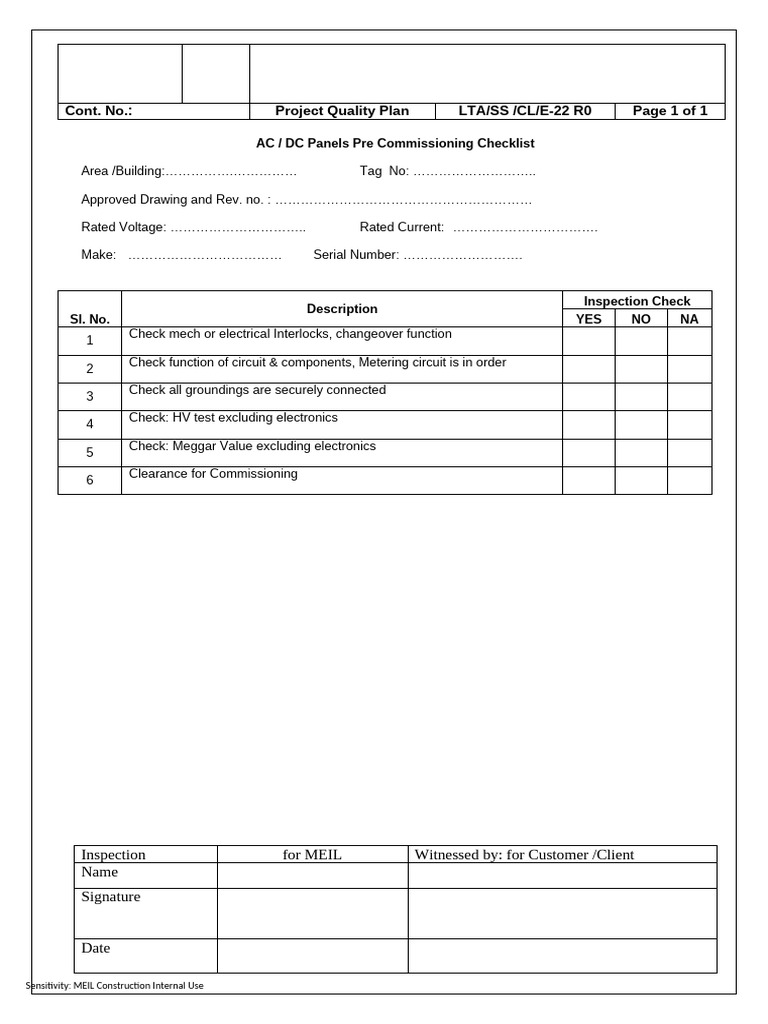 E 22 - AC DC Panels Pre Commissioning Checklist | PDF