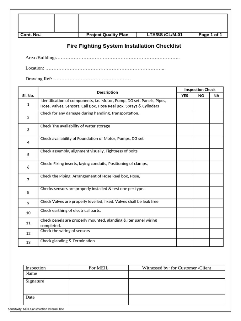 Fire Fighting System Installation Checklist | PDF